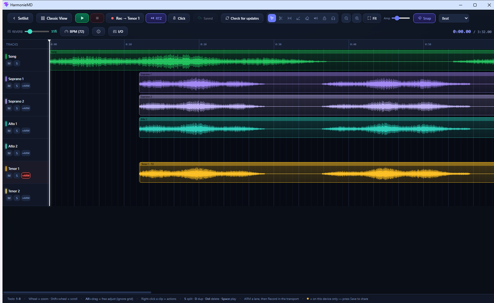 MD Mode: the multi-track editor with six vocal lanes and the song