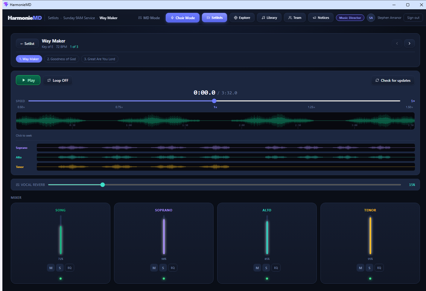 Choir Mode: a singer's personal mixer with Song, Soprano, Alto and Tenor faders, speed control and loop