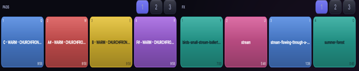 The pads and FX section, colour-coded and lit while sounding