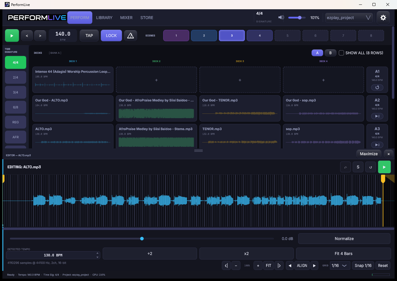 The clip editor with per-stem waveforms