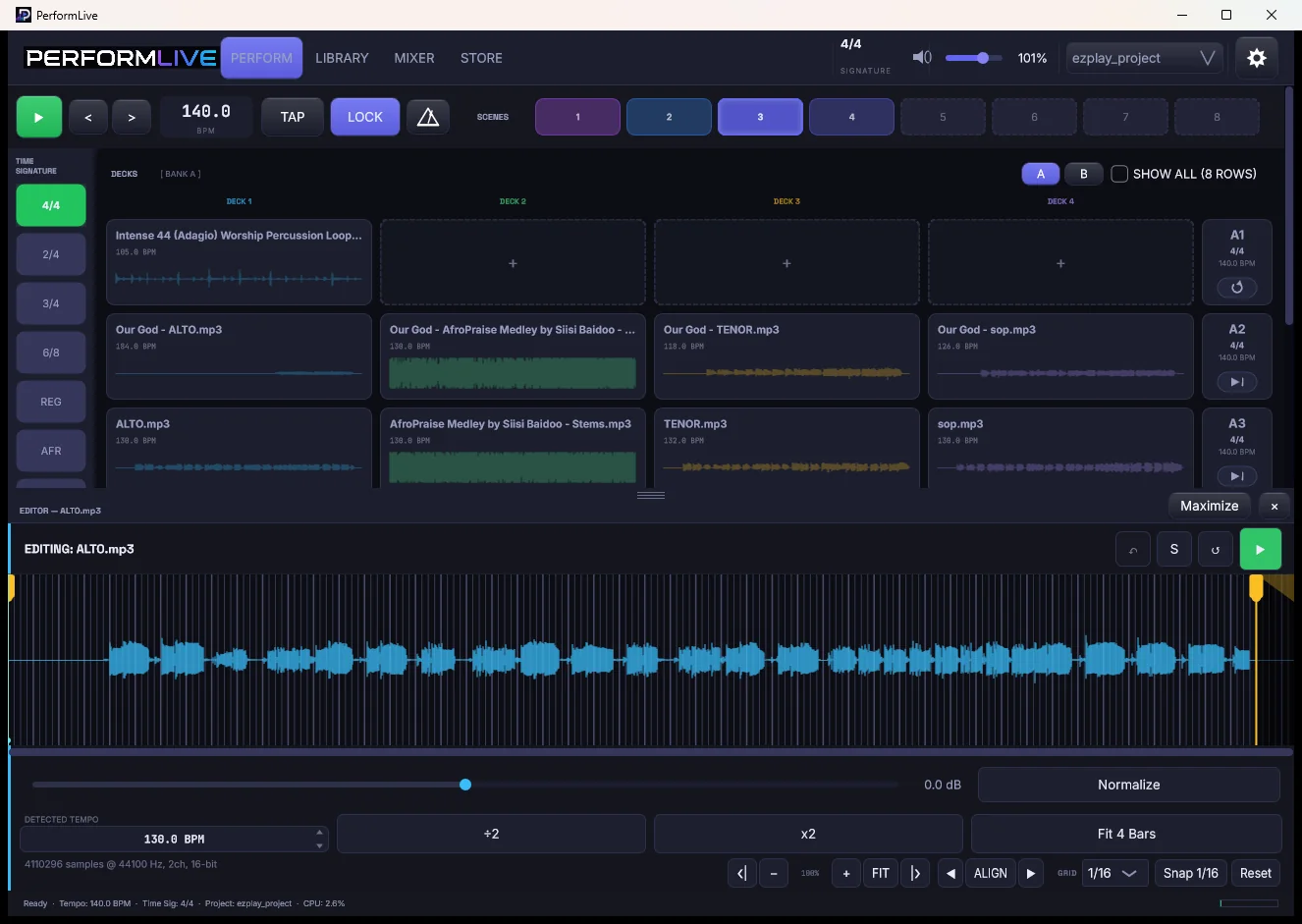 The clip editor with per-stem waveforms