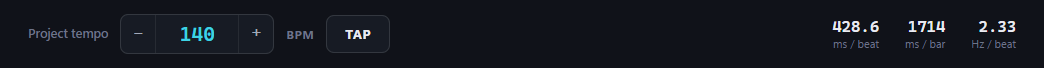 The tempo bar: stepper, BPM field, TAP button, and the live readouts for milliseconds per beat, per bar, and hertz per beat