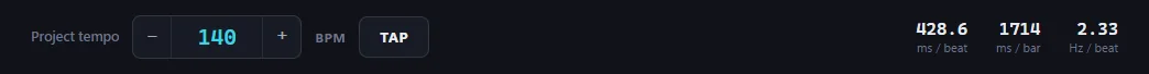 The tempo bar: stepper, BPM field, TAP button, and the live readouts for milliseconds per beat, per bar, and hertz per beat