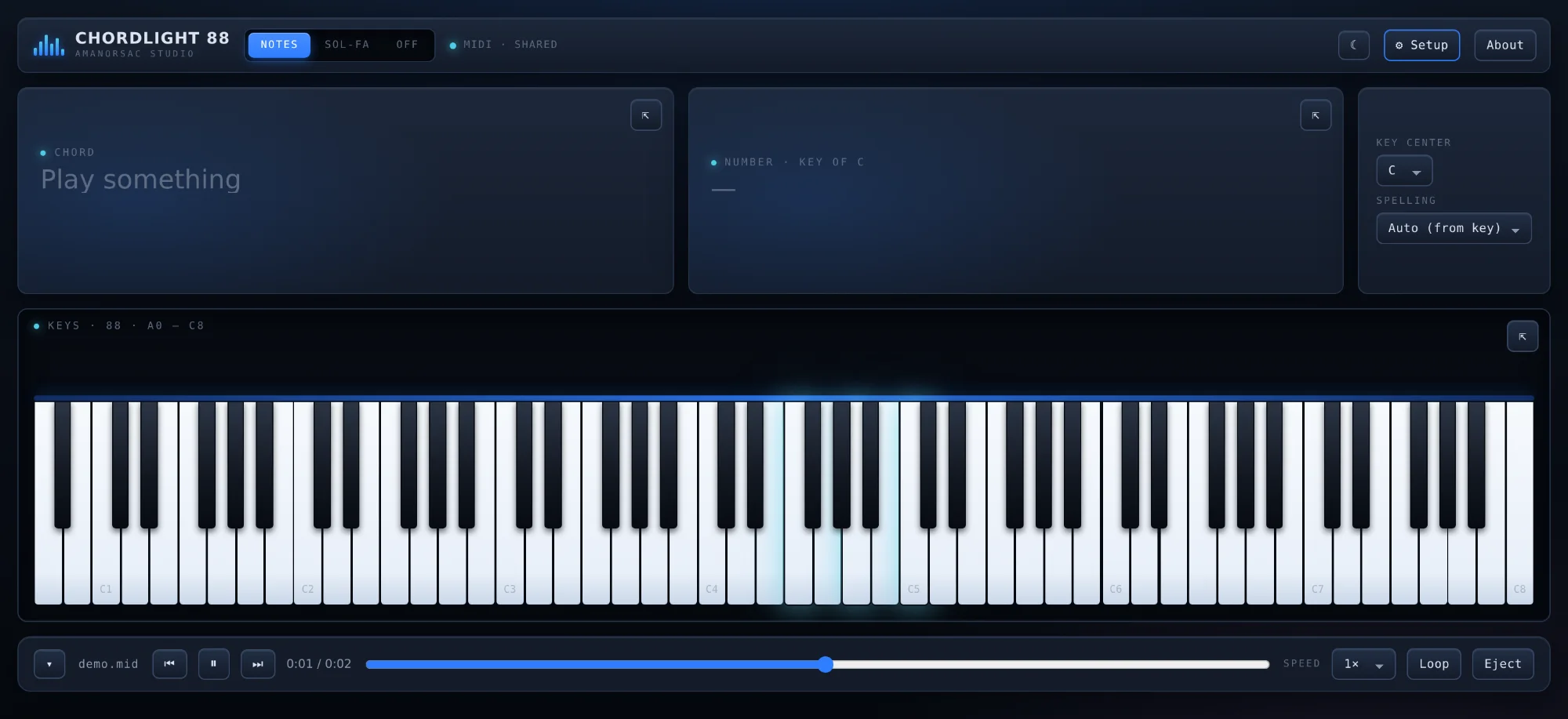 Chordlight 88 with an empty readout saying Play something and the recording transport along the bottom.