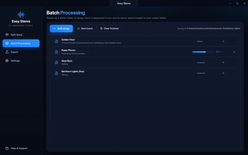 Batch processing: a queue of songs, one done, one separating, two waiting