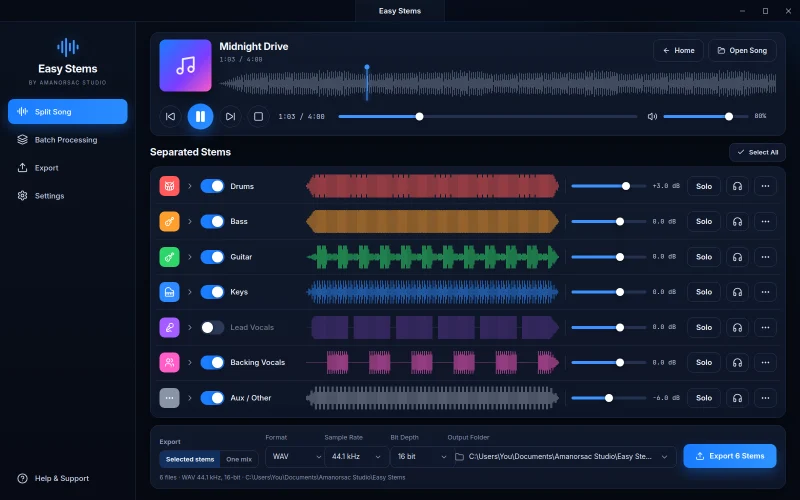 The export panel: selected stems or one mix, WAV, sample rate, bit depth and output folder