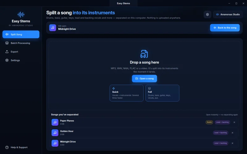 The Easy Stems home screen with a drop zone, the Quick and Full cards, and the library of songs already split