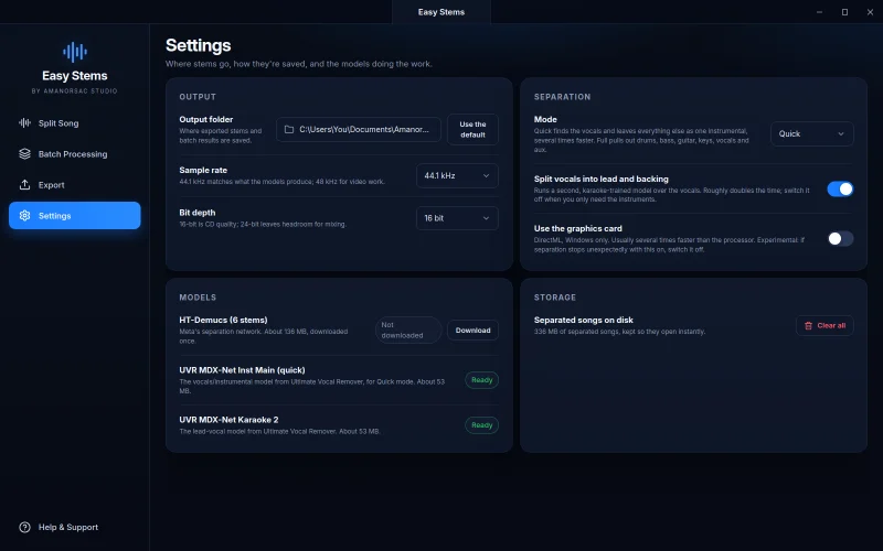 Settings: output folder, sample rate, bit depth, separation mode, lead and backing split, graphics card, models and storage