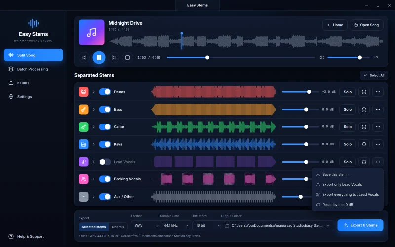 A stem's menu open: save this stem, export only lead vocals, export everything but lead vocals, reset level