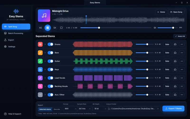 Easy Stems playing a song with all seven stems on: drums, bass, guitar, keys, lead vocals, backing vocals and aux