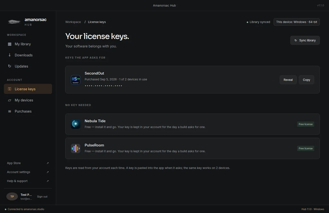 The License keys page in the Hub: SecondOut with its key hidden behind dots and a Reveal button, and the free apps listed as needing no key