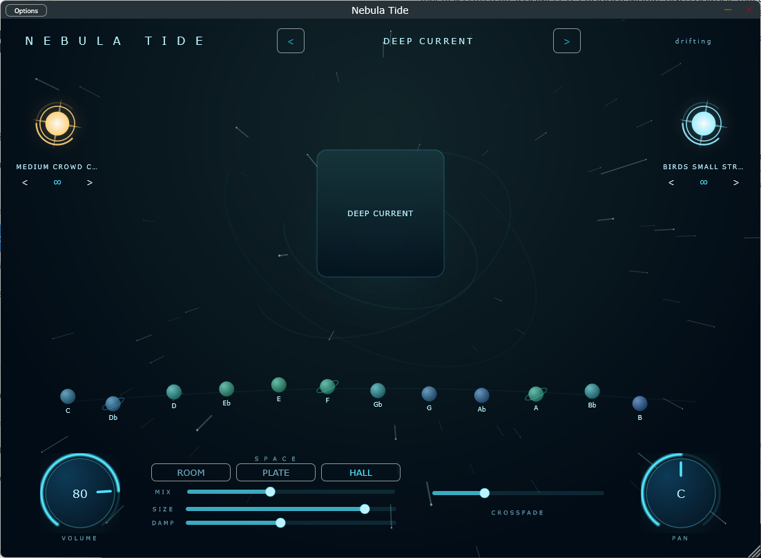 Nebula Tide at rest: the Deep Current preset on stage, twelve key planets on their orbit, and the volume, reverb and pan controls below