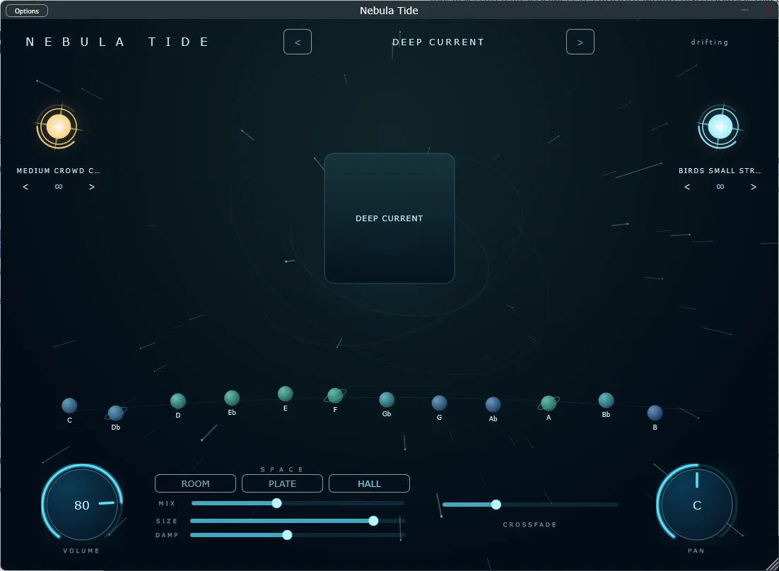 Nebula Tide: a glowing pad on stage with the twelve key planets in orbit below