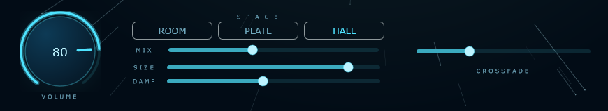 The footer controls: volume knob, the Room, Plate and Hall buttons with Mix, Size and Damp sliders, and the crossfade control