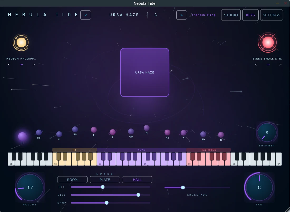 The stage with the keyboard map open: the FX, KEYS and TEXTURES zones coloured across the range