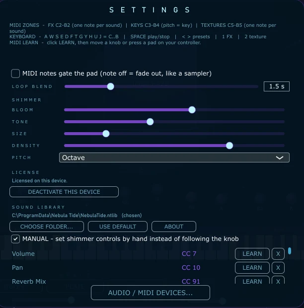 The shimmer's own controls in Settings: bloom, tone, size, density and pitch, above the license and sound library sections