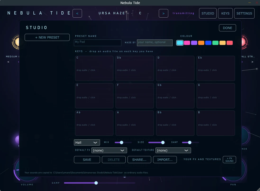 The Studio page: twelve key slots waiting for audio, a preset name, a colour, and the reverb defaults underneath