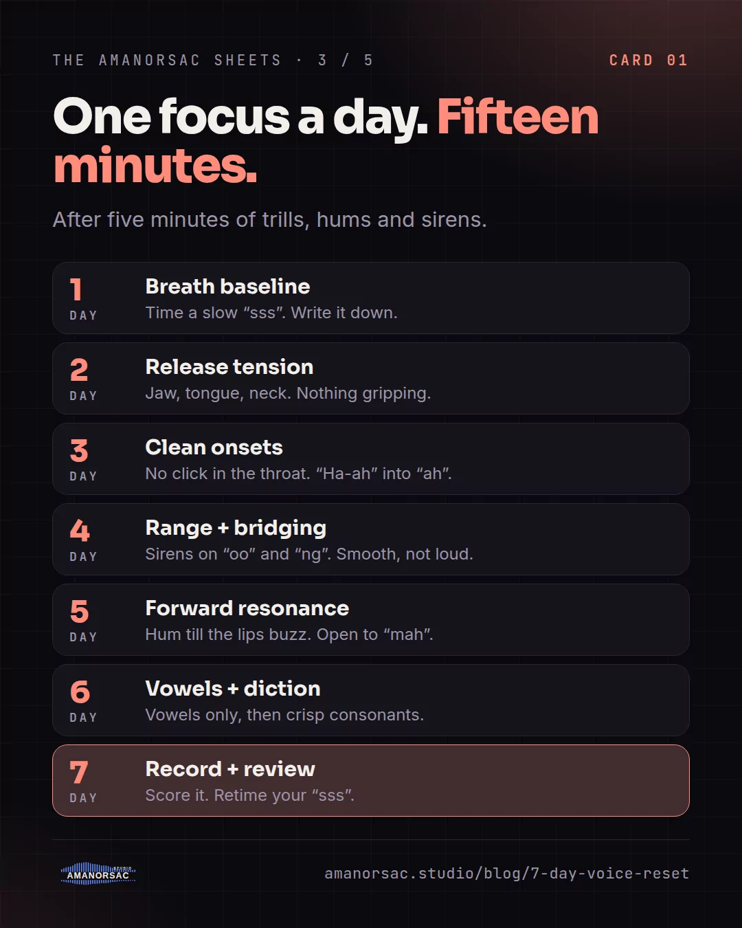 Seven days, one focus each: breath baseline, release tension, clean onsets, range and bridging, forward resonance, vowels and diction, record and review.