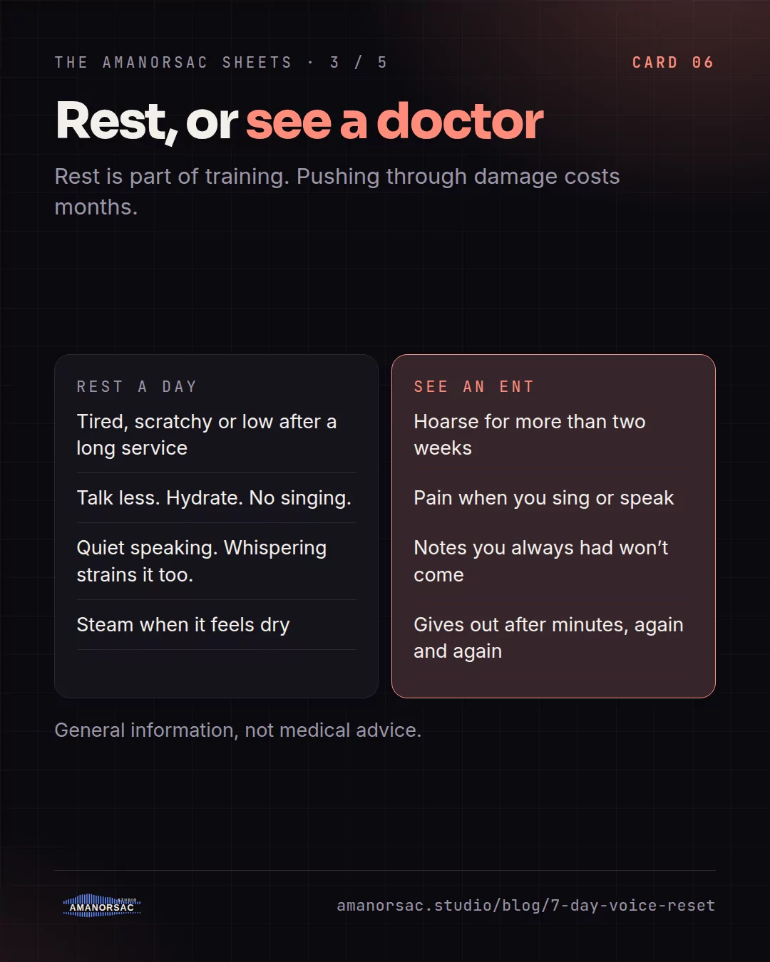 Two columns: signs that mean rest a day, and signs that mean see an ear, nose and throat doctor.