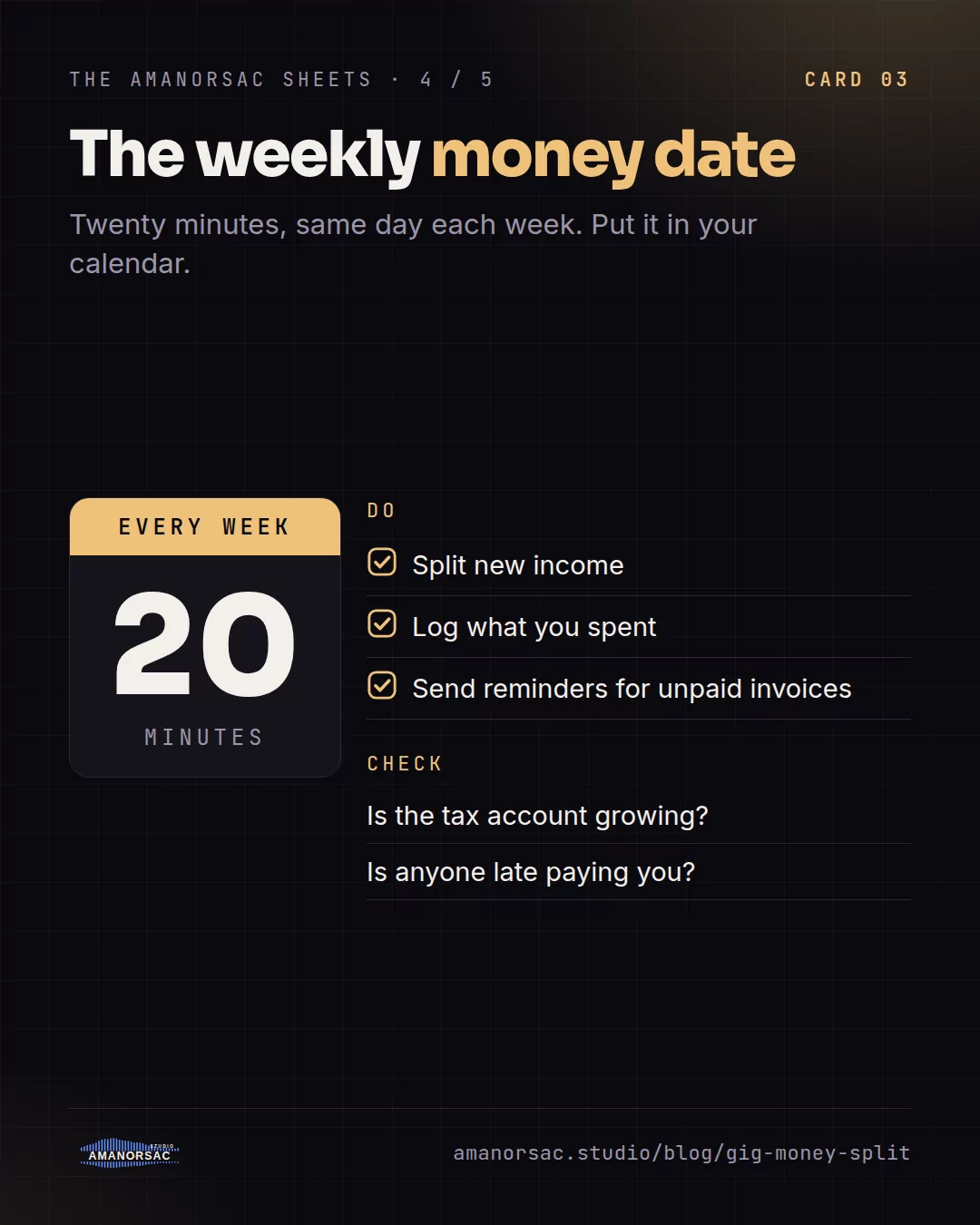 A twenty-minute weekly routine: split new income, log what you spent, chase unpaid invoices, and two checks.