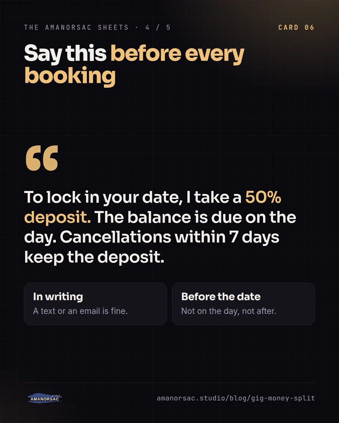 A quote card: to lock in your date, I take a 50 percent deposit.