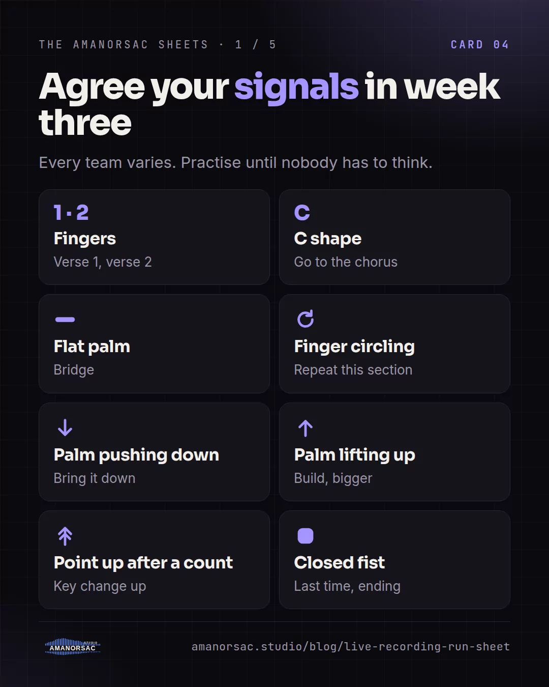 Eight hand signals and their meanings: fingers for verses, C shape for chorus, flat palm for bridge, circling for repeat, palm down, palm up, point up for key change, fist for last time.