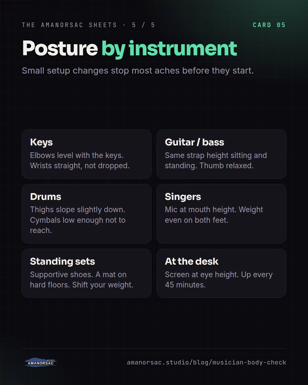 Six setup tips for keys, guitar and bass, drums, singers, standing sets and the desk.