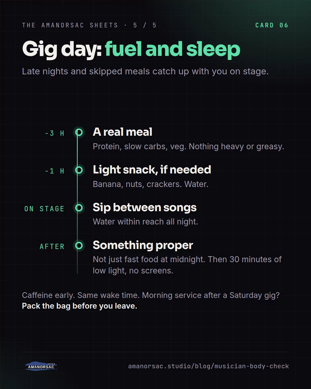 A gig-day timeline: a real meal three hours before, a light snack an hour before, water on stage, a proper meal after.
