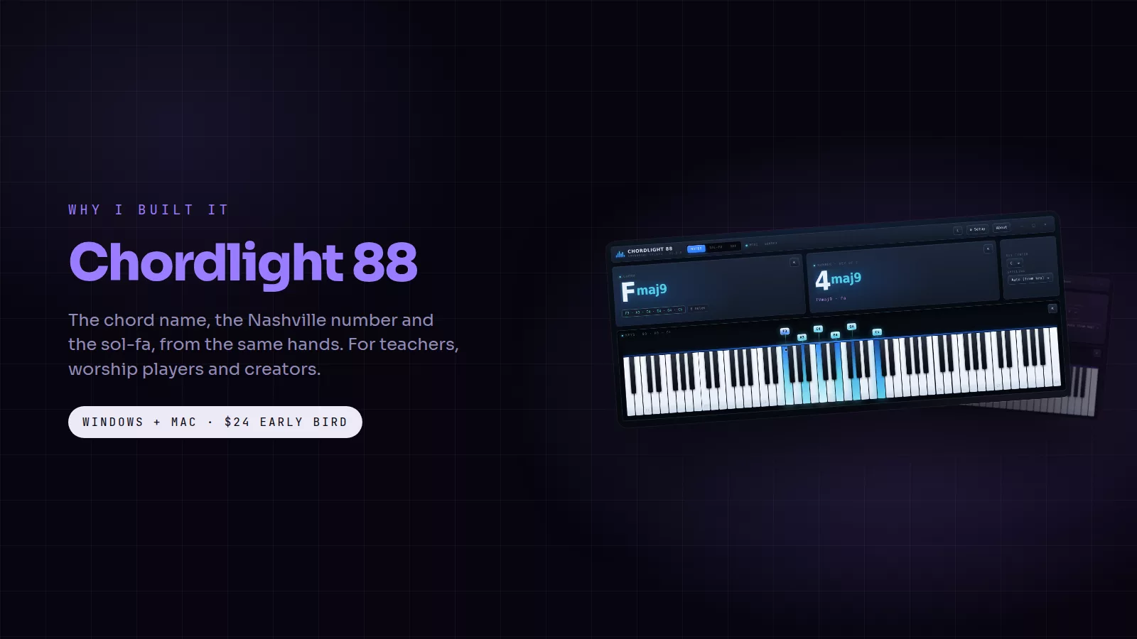 Chordlight 88 showing the chord and the number as the keys light