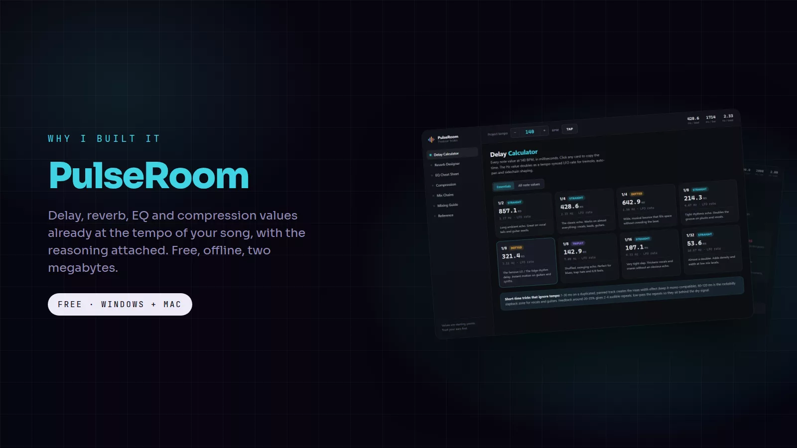 PulseRoom on the delay calculator at 140 BPM