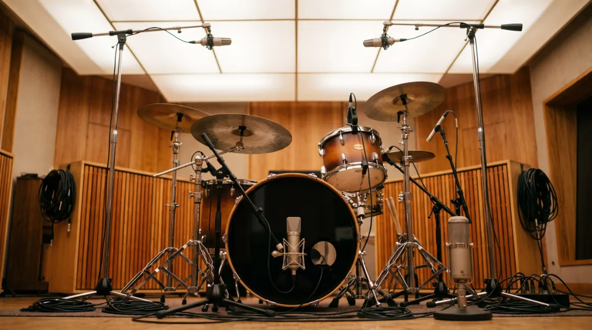 A drum kit with close microphones on every drum