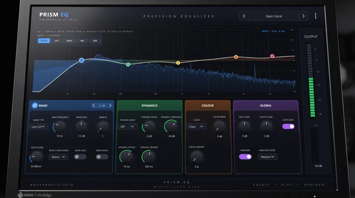 Prism EQ filling a studio monitor: the curve and coloured band nodes over the live spectrum, with band, dynamics, colour and global panels below
